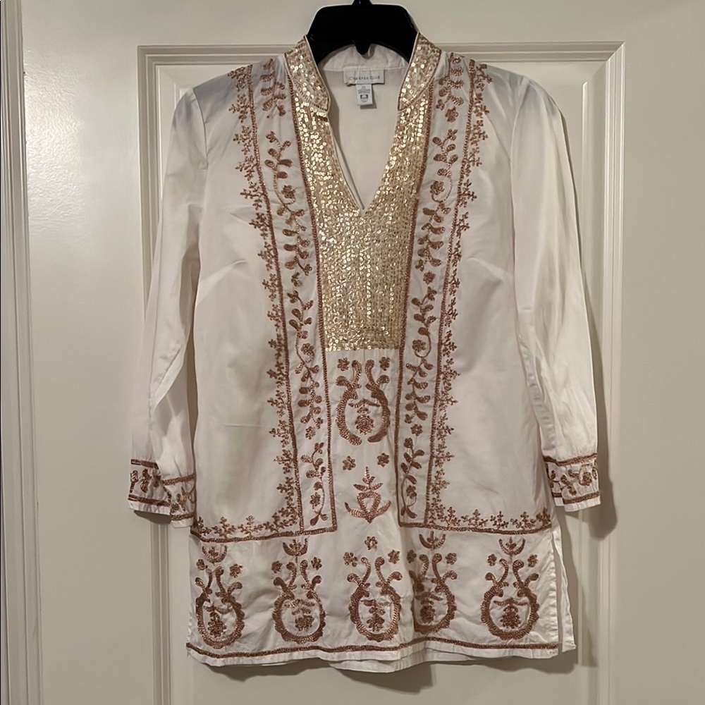 Charter Club Size XS White and Gold Embroidered Tunic with Sequin Neckline